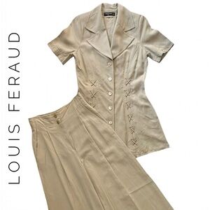 LOUIS FERAUD Tan Wide Leg High Waist Short Sleeve Cotton Blend Pant Suit Size 6